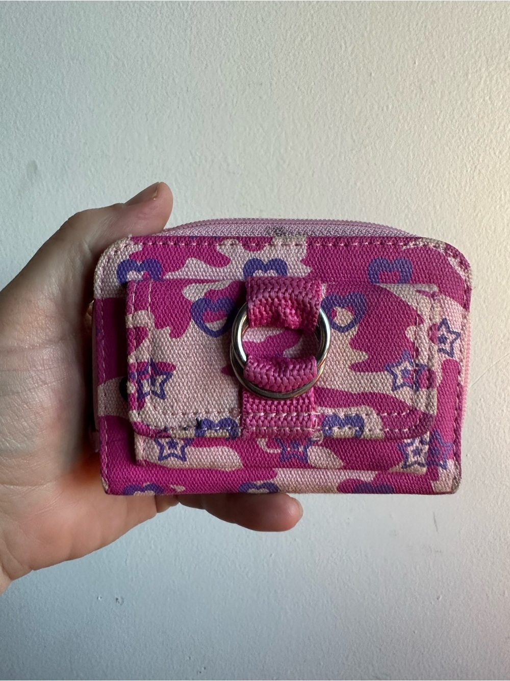 Y2K Pink Camo Hearts & Stars Zip-Around Wallet | Compact Utility Coin Purse